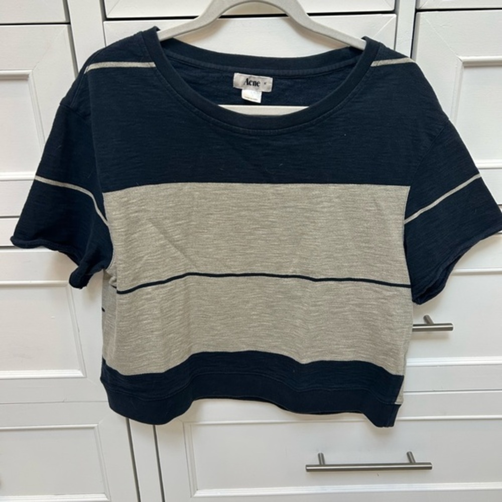 Acne Navy and Light Gray Striped Crop Sweatshirt tee